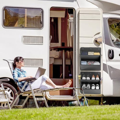 2 Pack RV Shoe Storage with Sticky Adhesive Tape, Over the Door Shoe Rack, Wall Hanging Shoe Organizer with Large Deep Pockets for Camper, Narrow Space Saving Closet Organizers Black