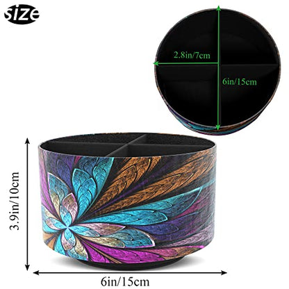 Round Leather Art Supply Organizer,Remote Control Holder,360 Degree Rotating,Multi-Functional Pencil Holder,4 Compartments Desktop Stationary Organizer(1-Fractal Flower) | Round