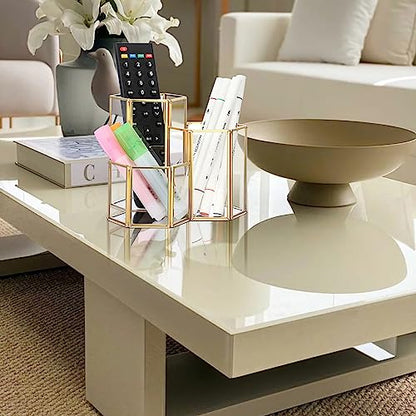 Hipiwe Glass Makeup Brush Holder 3 Slot Gold Desktop Pen Pencil Pot Cup | Mirrored Cosmetics Brush Organizer, Office Desk Storage Holder Vintage Decorative Makeup Storage Box, Large