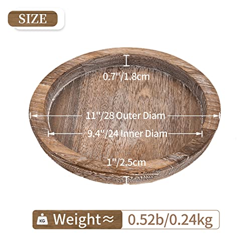 Hanobe Wooden Tray for Coffee Table, Decorative Round Candle Holder Plate | 11.2" Vintage Dining Table Centerpiece, Rustic Farmhouse Home Decor Serving Tray, Brown