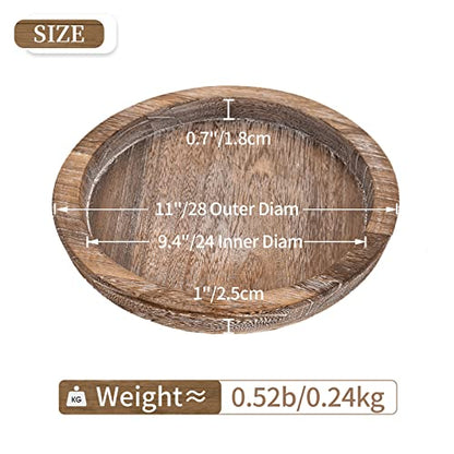 Hanobe Wooden Tray for Coffee Table, Decorative Round Candle Holder Plate | 11.2" Vintage Dining Table Centerpiece, Rustic Farmhouse Home Decor Serving Tray, Brown