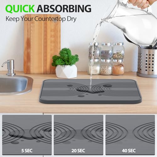 2 PCS Stone Dish Drying Mat ＆ Silicone Mat for Kitchen Counter – Diatomaceous Earth Bath Mat for Bathroom, 16.14"L×12.4"W×2 Quick Dry Mats for Dishes ,Bottles, Cups, Match Any Countertop(Gray)