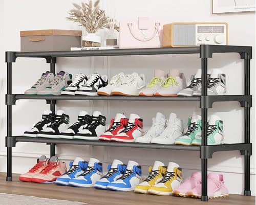 SAN HE Long Shoe Rack-Shoe Organizer 3 Tier Shoe Rack for Closet Front Door Entryway Garage, Stackable Free Standing and Freely Combinable Shoe Storage, Space Saving Small Shoe Shelves.
