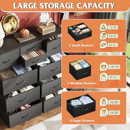 WLIVE 10 Drawer Black Fabric Dresser for Bedroom, Side Pocket & Hooks Chest | Fabric chest of drawers, steel frame, side pockets & hooks. Sleek modern storage for bedroom, closet, living room.