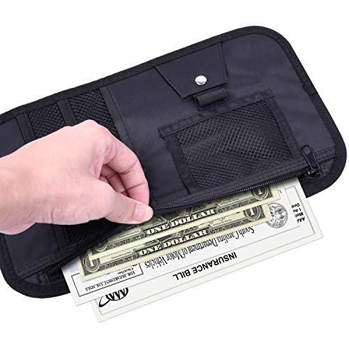 Wisdompro Car Sun Visor Organizer, Registration and Insurance Holder, Black | Auto Sunvisor Pocket, Truck Storage Pouch with Elastic Strap for Sunglass, Glasses, Documents, Cards, Pen, Drivers License