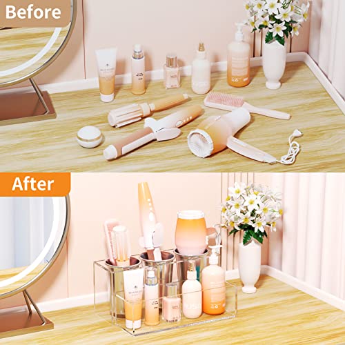NIUBEE Acrylic Hair Tool Organizer,Hair Blow Dryer Holder with 3 Cups,Clear | Acrylic Hot Tools Organizer,Hair Organizer Storage Countertop,Blow Dryer Holder for Curling Iron,Brush, Straightener,Bathroom