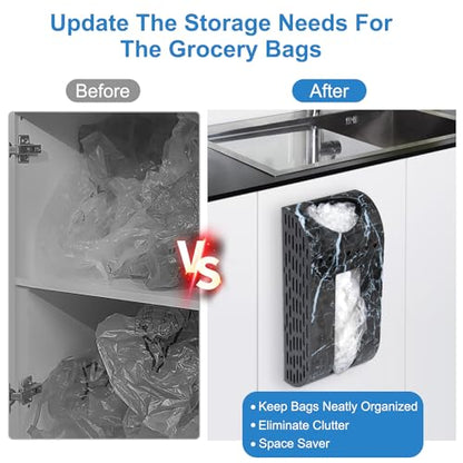 Black Plastic Bag Holder, Wall Mounted Grocery Bag Dispenser | Space-Saving Design, Easy Wall-Mount, Cabinet, Door Installation, Quick Bag Access and Dispenser, Marble-Look Effect