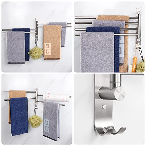 NearMoon Swivel Towel Rack, 13.8" Thicken 304 Stainless Steel 4-Arm Towel Bar, Space Saving Wall Mounted Towel Holder with Hook, Rustproof Swing Out Towel Hanger for Bathroom, Kitchen (Brushed Nickel)