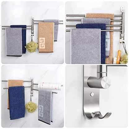 NearMoon Swivel Towel Rack, 13.8" Thicken 304 Stainless Steel 4-Arm Towel Bar, Space Saving Wall Mounted Towel Holder with Hook, Rustproof Swing Out Towel Hanger for Bathroom, Kitchen (Brushed Nickel)