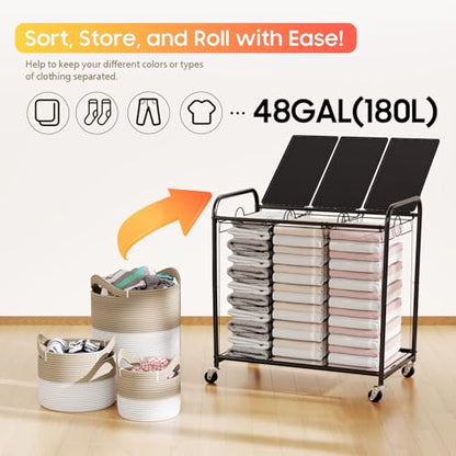 180L Laundry Sorter 3 Section, Rolling Laundry Basket with Wheels and Lid | 47.55 Gal Laundry Hamper, 3 Separated Removable Bags, Lockable Wheels, Dirty Clothes Hamper for Laundry Room Organizer, Black