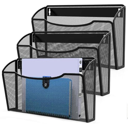MINDEPOT Wall File Organizer, Hanging Wall File Holder, 3 Pack, Black | Heavy Duty Iron, Metal Mesh Wall Mount, Single Pocket, Mail Organizer, for Office School Classroom Home, Letter A4 Size