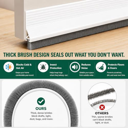 Door Draft Stopper with Brush, 39" Door Sweep for Bottom of Door, Self Adhesive Weather Stripping for Bottom of Door, Under Door Seal Dust/Noise/Hot or Cold Air Insulation, White, 1 Pack