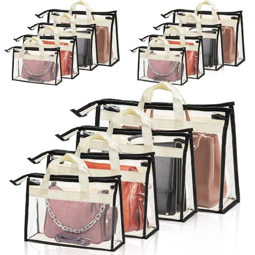 Peohud 12 Pack Clear Handbag Storage Organizer, Dust Bags for Handbags, Transparent Purse Organizer for Closet, Hanging Handbags Dust Cover Bags with Zipper, Handles and Hooks