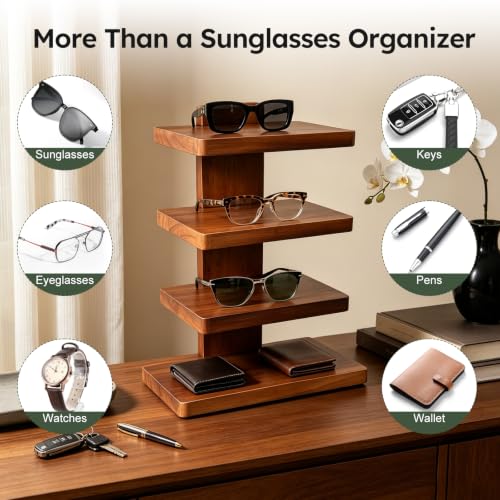 Wooden Eyeglass Organizer, 4-Tier Sunglasses Display Stand for Men | Desktop Glasses Holder with Storage Base, Modern Eyewear Organizer for Dresser, Nightstand & Office