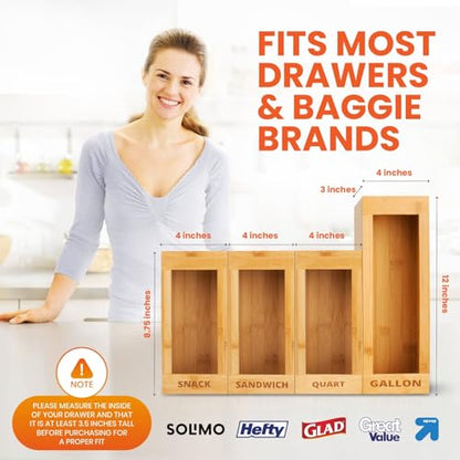 mHomeAid Bag Storage Organizer - Bamboo Food Plastic Baggie Holder, Dispenser, and Container for Kitchen Drawer - Fits Ziplock and Ziploc Gallon, Quart, Sandwich & Snack Sized Slider Bags (Bamboo)