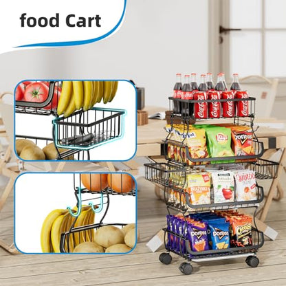 Simple Trending Stackable Cart, Fruit Vegetable Basket with Wheels, 4 Tier | Rolling Cart with 2 Hanging Baskets, Kitchen Storage Metal Wire Basket Stand for Vegetable Snacks, Black