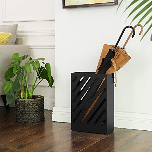 SONGMICS Metal Umbrella Stand, Rectangular Umbrella Holder Rack, with a Removable Drip Tray, 4 Hooks, Hollow-Out Design, for Entryway, Office, Black ULUC03BK