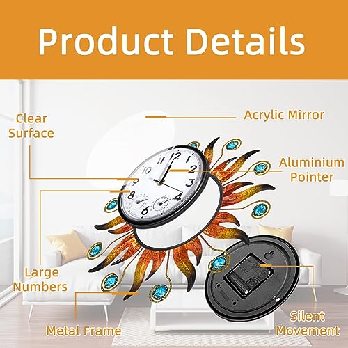 Sun Outdoor Clock with Thermometer and Hygrometer Combo, 13 Inch | Silent No-Ticking, Easy to Read, Quartz Clock Waterproof, Decor for Patio, Living Room, Kitchen, Orange