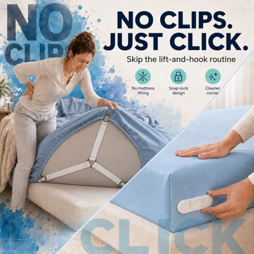Bed Sheet Holders for Corners, Fitted Sheet Holder with Lock Strips, Hidden Corner Sheet Lock System, Sheet Locks for Fitted Sheets, No Metal Clips, 4 Corner Bases + 8 Lock Strips
