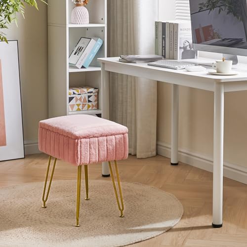 IBUYKE Vanity Stool Chair with Storage, Faux Fur Ottoman, Pink LG-50P | Footrest Footstool Small Side Table 4 Metal Legs Anti-Slip Feet Makeup Room Bedroom