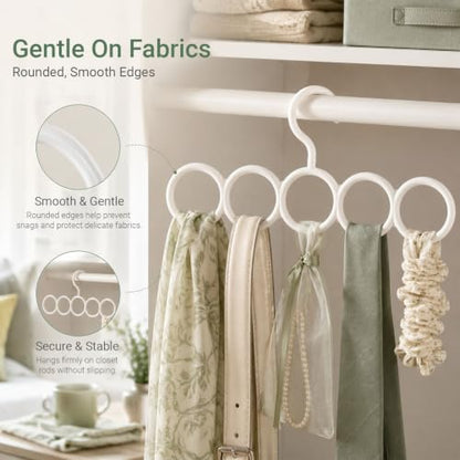 Coshar 5 Pack Scarf Hanger Holder (2 White+ 3 Green) | Scarf Storage Organizer for Ties Belts Socks, Ring Hole Slots for Space Saving, Multiple Purpose Tie Belt Rack Organizer