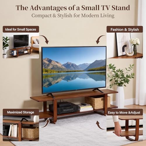 Walnut TV Stand for 65-Inch TVs, 2 Open Shelves, Modern Media Console | Bamboo Construction, Mid Century Style, Open Storage for Electronics and Decor in Living Rooms and Bedrooms