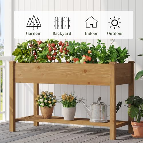 Wooden Planter Elevated Wooden Raised Garden Bed with Legs Planter Box | 48 x 24 x 30In Elevated Wood Planter Stand for Backyard, Patio, Balcony with Bed Liner, 200 Pound Capacity - Brown