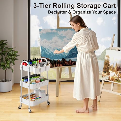 3 Tier Heavy Duty White Metal Rolling Cart with Lockable Wheels, Three Tiered Roller Book Snack Cart, Utility Storage Organizer Shelf Carts for Bathroom, Baby Diaper Caddy, Craft, Art,Cleaning,Teacher