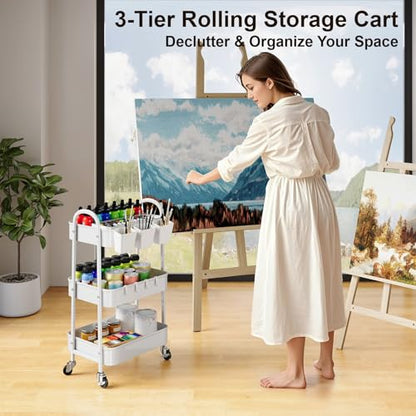 3 Tier Heavy Duty White Metal Rolling Cart with Lockable Wheels, Three Tiered Roller Book Snack Cart, Utility Storage Organizer Shelf Carts for Bathroom, Baby Diaper Caddy, Craft, Art,Cleaning,Teacher
