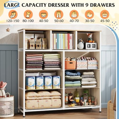 WLIVE Tall Dresser for Bedroom, 9 Drawer Chest of Drawers, Cream White
