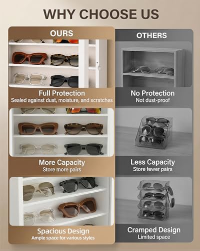 TJ.MOREE Sunglass Organizer Wall Mounted Glasses Holder Display Case 6 Tier | 13 x 15.6 inches Wooden Storage Box for Multiple Pairs Eyeglasses Sports Sunglasses