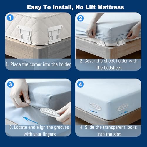 4 Pack No Clip Bed Sheet Holders, No Lift Mattress, Universal Fit White | One-Time Install, Keep Sheets Firm & Tight, Fit Twin Queen King White
