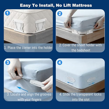 4 Pack No Clip Bed Sheet Holders, No Lift Mattress, Universal Fit White | One-Time Install, Keep Sheets Firm & Tight, Fit Twin Queen King White