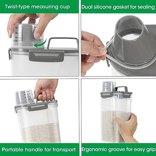 TBMax Rice Container Cereal Storage Container 2 Pack 5 Lbs, Kitchen Pantry Dry Food Storage Holder with Easy-Pouring Spout & Handy Cup, Small Pet Dog Cat Food Dispenser for Daily Feeding -Grey
