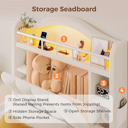 Twin Size Bed Frame with LED Storage Headboard & 2 Storage Drawers, Velvet Upholstered Bed with Vertical Tufted Headboard Design, USB & Type-C Charging Ports, Wooden Slats Support, Noise-Free, Beige