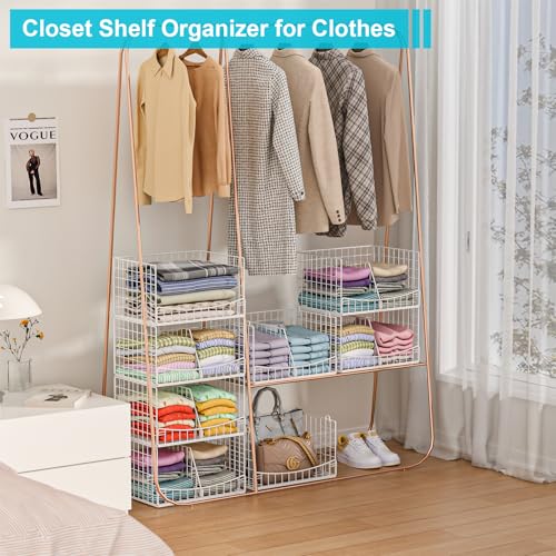4-Tier Closet Organizers and Storage Basket with Divider, Foldable Closet Shelf Organizer System, Space-Saving Clothes Storage Drawer Organizer Bins for Wardrobe Cupboard, White