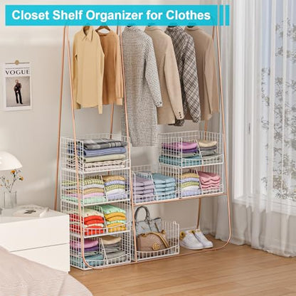 4-Tier Closet Organizers and Storage Basket with Divider, Foldable Closet Shelf Organizer System, Space-Saving Clothes Storage Drawer Organizer Bins for Wardrobe Cupboard, White