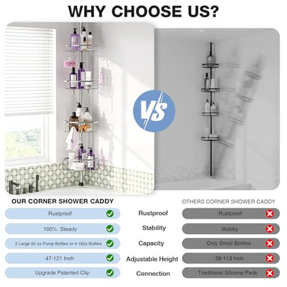 Corner Shower Caddy Tension Pole: Stainless Steel Rustproof 4-Tier Shower Organizer - 47-121 inch Adjustable Bathroom Shelves for Bathtub Shampoo Storage - Tension Rod Floor Standing Bath Rack