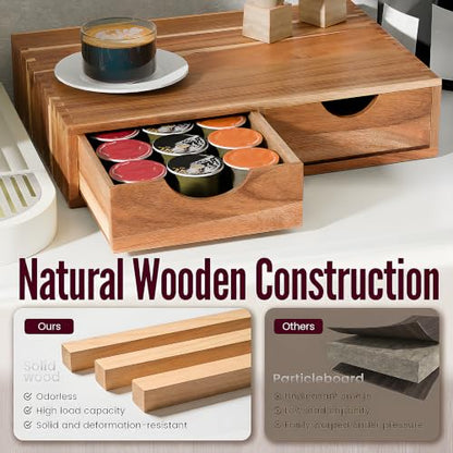 Wooden K Cup Organizer, Acacia Coffee Pods and Tea Organizer Holder | 30 Pod Capacity Coffee Pod Storage Box for K Cup Compatible Pods and Tea Bags, Countertop Coffee Station for Home Kitchen