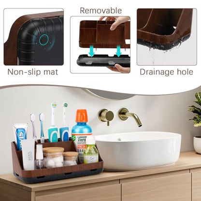GFWARE Wood Toothbrush Holders for Bathroom Organizer with Drain Holes | Detachable 7 Slots Kid Electric Toothbrush and Toothpaste Holder, Bathroom Sink, Caddy, Tray, Vanity Storage Wood-Look, Brown