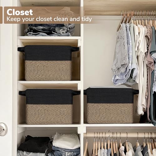 Goodpick Woven Storage Basket for Shelves, 13" x 10" x 9", Black Jute | Stylish Gift Basket for Office & Home, Wicker Baskets for Books, Toys & Towels Storage, Nursery & Bedroom Closet Organization
