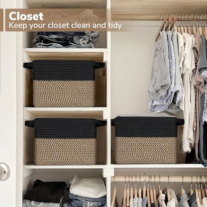Goodpick Woven Storage Basket for Shelves, 13" x 10" x 9", Black Jute | Stylish Gift Basket for Office & Home, Wicker Baskets for Books, Toys & Towels Storage, Nursery & Bedroom Closet Organization