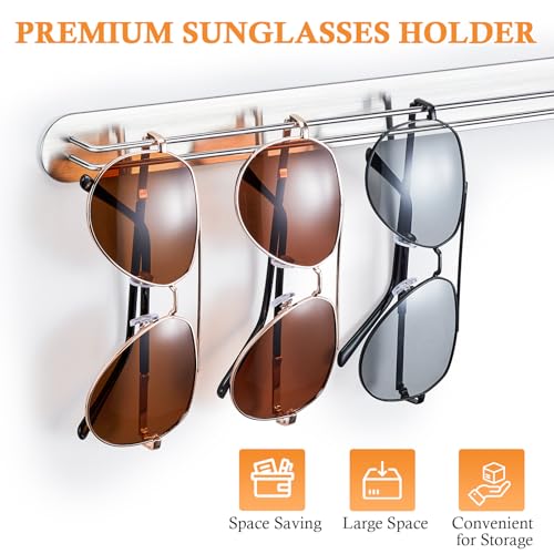 Sunglasses Organizer Wall Mounted, Metal Glasses Sunglass Holder for Wall, Self Adhesive Eyeglass Display Storage Rack for Hanging Multiple Glasses (Silver, 2PCS)