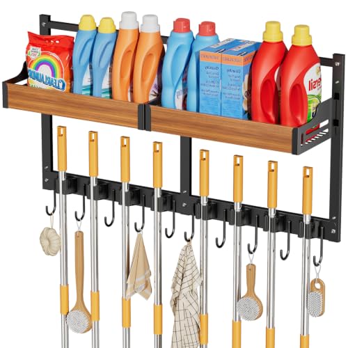 Broom and Mop Organizer Wall Hanging, Broom Holder Wall Mount with Cleaning Supplies Organizer, Broom Hanger Wall Mount with Storage Shelf and Hooks for Laundry Room Garage Kitchen