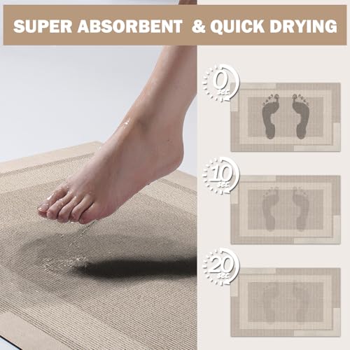 Non Slip Bath Mat Thin Bathroom Rugs Fit Under Door Beige 24"x 35" | Quick Dry Absorbent Washable Rubber Backing Bath Rug Shower Mat Bathroom Floor Mat for Sink Bathtub Beside Shower Entrance