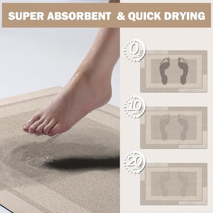 Non Slip Bath Mat Thin Bathroom Rugs Fit Under Door Beige 24"x 35" | Quick Dry Absorbent Washable Rubber Backing Bath Rug Shower Mat Bathroom Floor Mat for Sink Bathtub Beside Shower Entrance