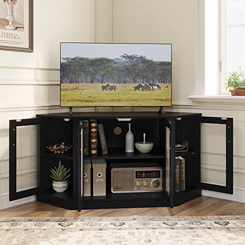 Panana Corner TV Stand - 47 Inch Media Console with 4 Doors and Shelves, Living Room Storage Entertainment Center for TVs up to 51 Inch (Black)