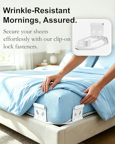 4Pcs Upgrade Bed Sheet Holders & Straps for Corners–Heavy Duty Non-Slip Fitted Sheet Grippers & Lock Clips,Keep Sheets Firm & Tight,Easy Install Lock Design for All Mattress Sizes,No More Loose Sheets