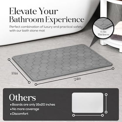 Diatomaceous Earth Stone Bathmat | Eco-Friendly XL Stone Bath Mat 18x24 Inch. Instant Dry Bathroom Mat with Sandpaper & Pads. Multiuse, Kitchen Counter & Stone Dog Bowl Mat (1, Grey)