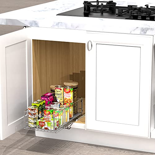 Simple Houseware Pull-Out Cabinet Sliding Basket, 17.2Dx9.7Wx5H, Chrome | Ideal for Kitchen and Bathroom Cabinet Storage Organizer, Under Sink or Pantry Organization